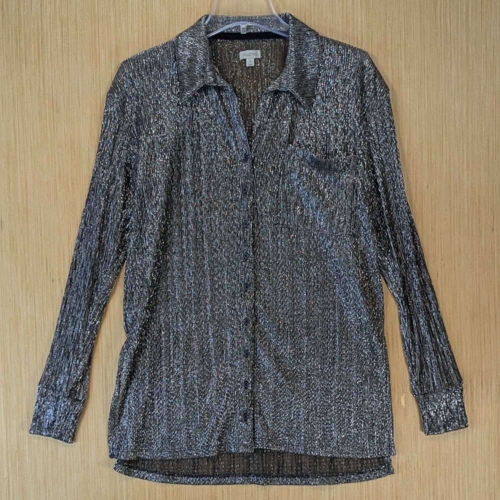 Pilcro Anthropologie Womens Shimmer Metallic Party Plisse Shirt‎ Size S Silver